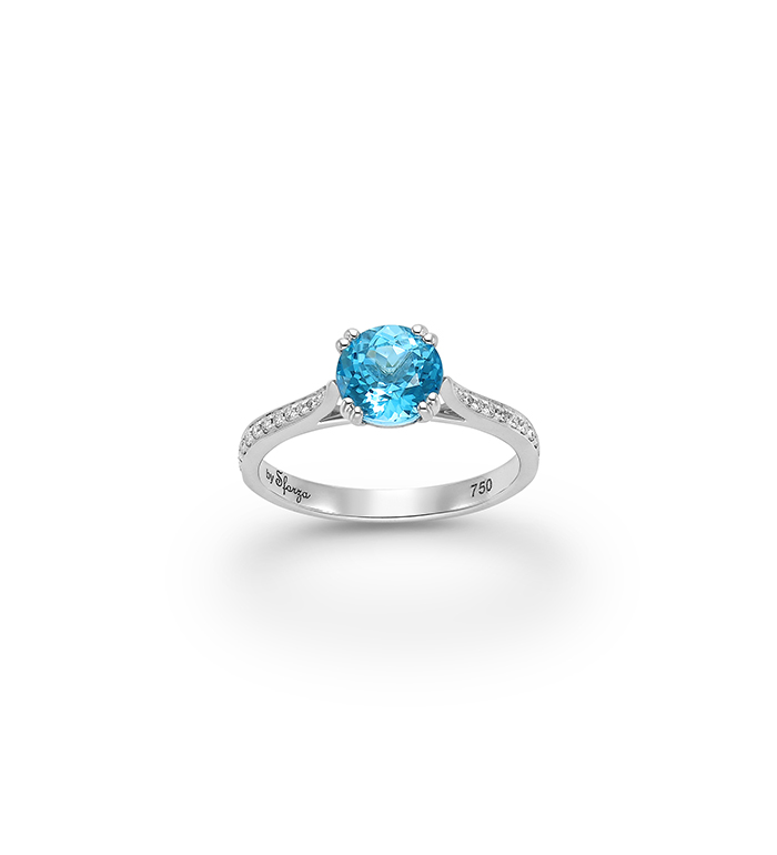 33-0046 - Engagement Ring in 18K White Gold, Decorated with Blue Topaz and Diamonds