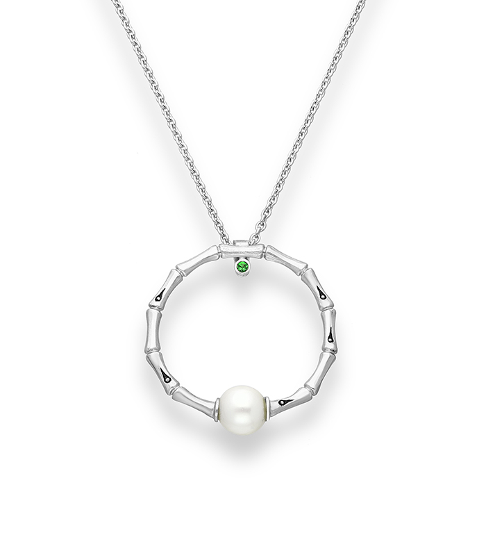 33-0005 - Italian Craftmanship - Circle of Life Bamboo Necklace in Sterling Silver, Decorated with Freshwater Pearl and Tsavorite.