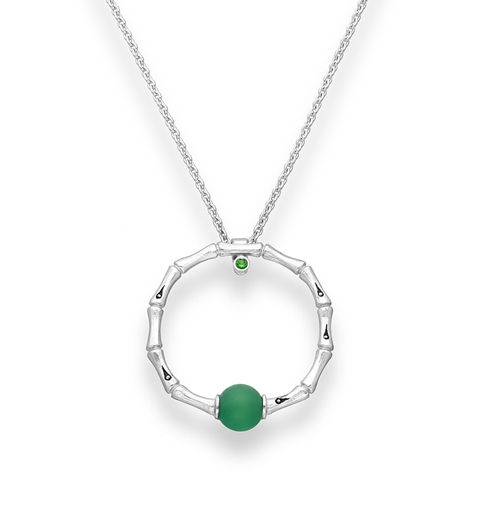 33-0006 - Italian Craftmanship - Circle of Life Bamboo Necklace in Sterling Silver, Decorated with Green Carnelian and Tsavorite