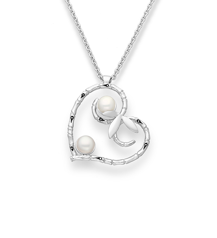 33-0007 - Italian Craftmanship - Heart Bamboo Necklace in Sterling Silver, Decorated with Freshwater Pearls