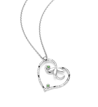 33-0008 - Italian Craftmanship - Heart Bamboo Necklace in Sterling Silver, Decorated with Tsavorites