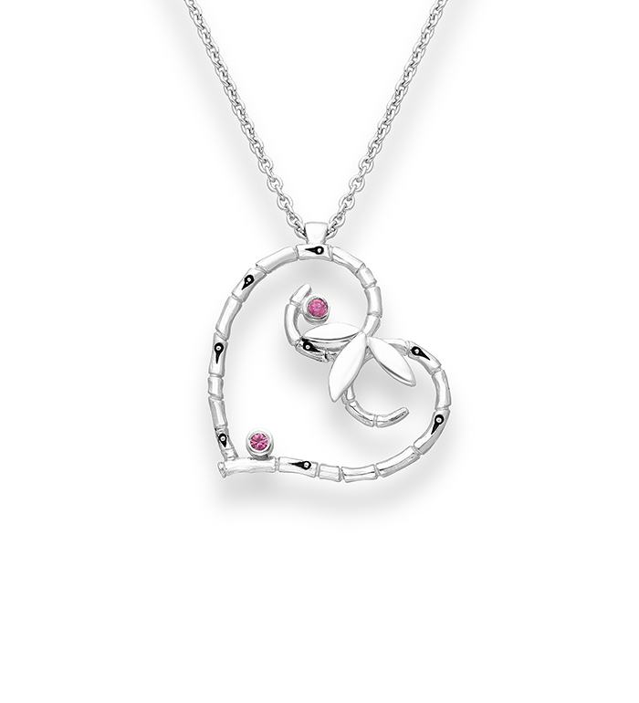 33-0009 - Italian Craftmanship - Heart Bamboo Necklace in Sterling Silver, Decorated with Pink Sapphire.