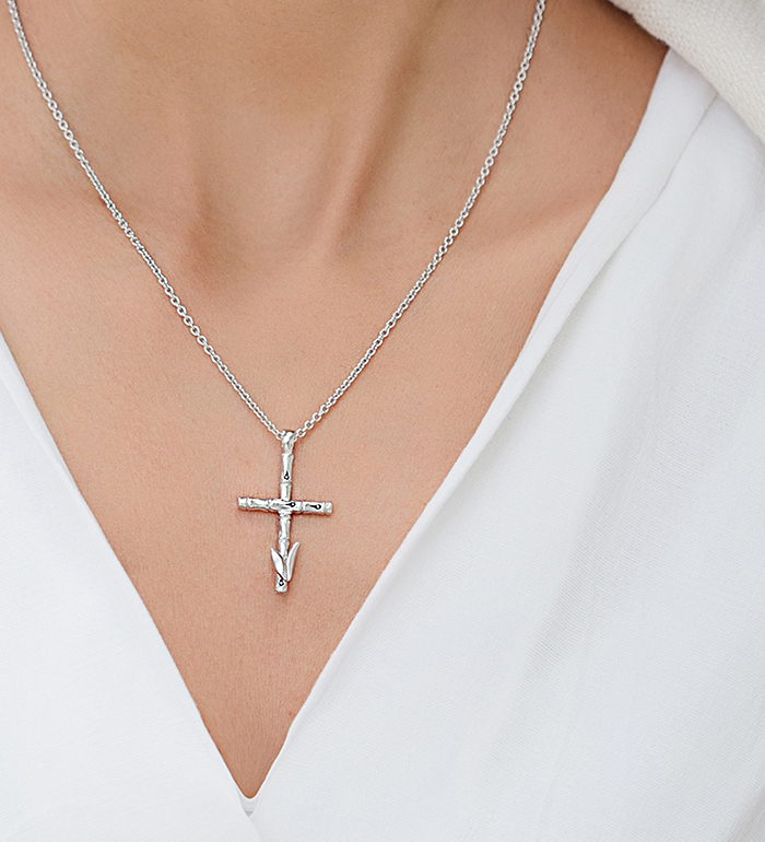 33-0010 - Italian Craftmanship - Small Bamboo Cross Necklace in Sterling Silver
