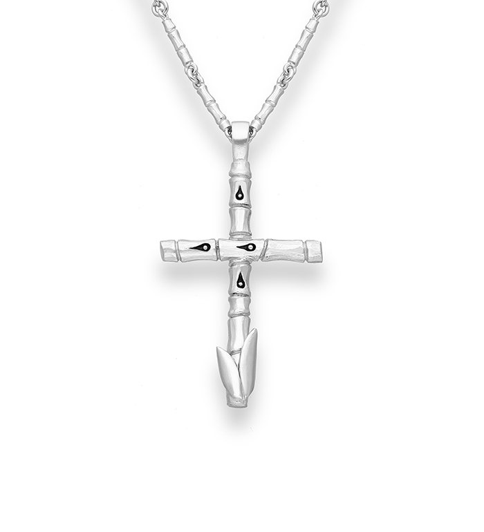 33-0012 - Italian Craftmanship - Large Bamboo Cross Pendant Necklace with 70 cm Handcrafted Chain in Sterling Silver