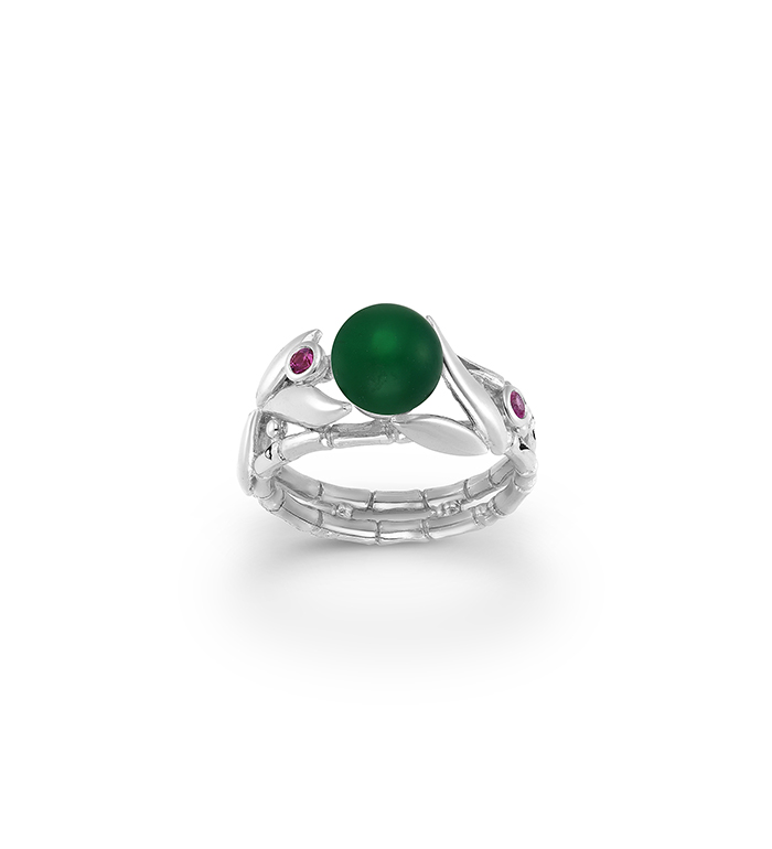 33-0049 - Italian Craftmanship - Bamboo Double Band Ring in Sterling Silver with Green Carnelian and Pink Sapphires.