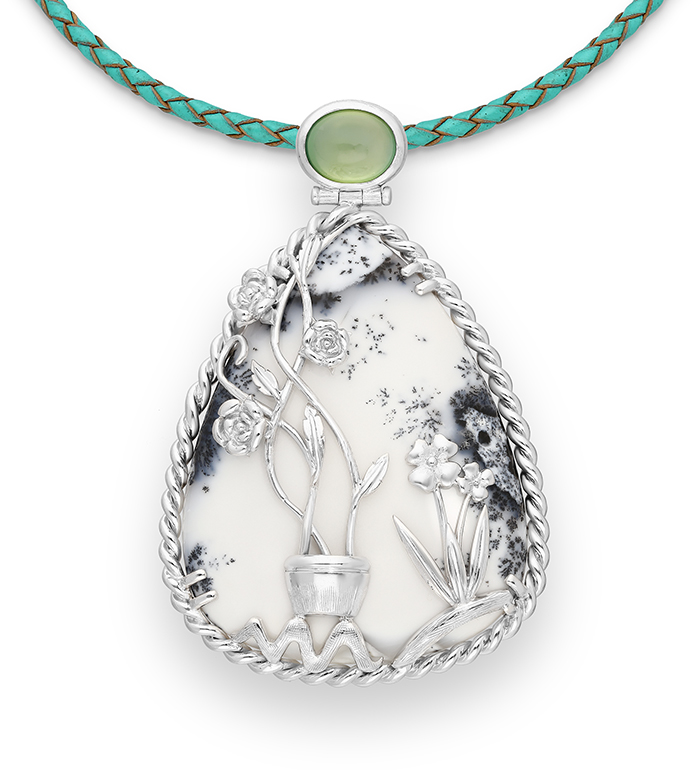 33-0016 - Magnificent Intricate Handmade Flowers over Dendritic Agate Necklace Framed in Sterling Silver