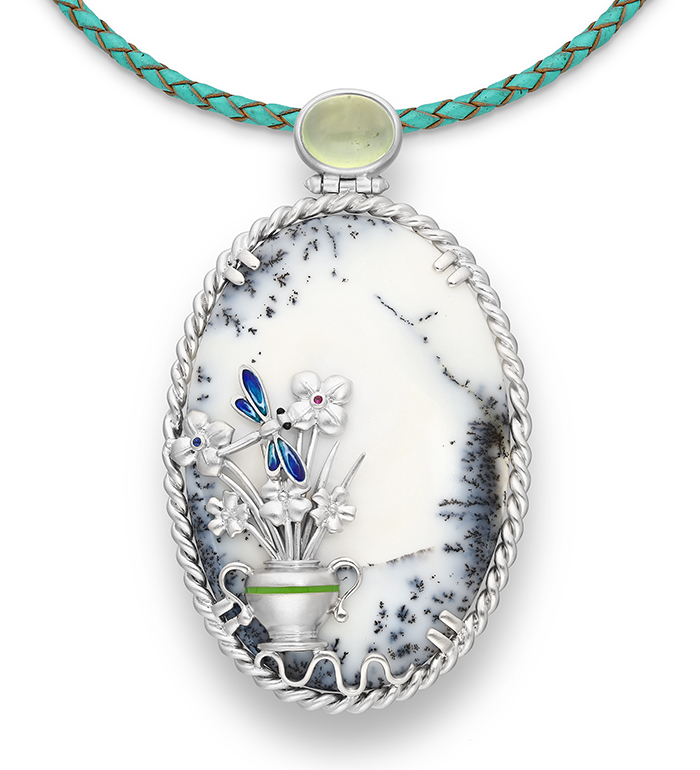 33-0017 - Gorgeous Handmade Vase over Dendritic Agate Necklace Framed in Sterling Silver
