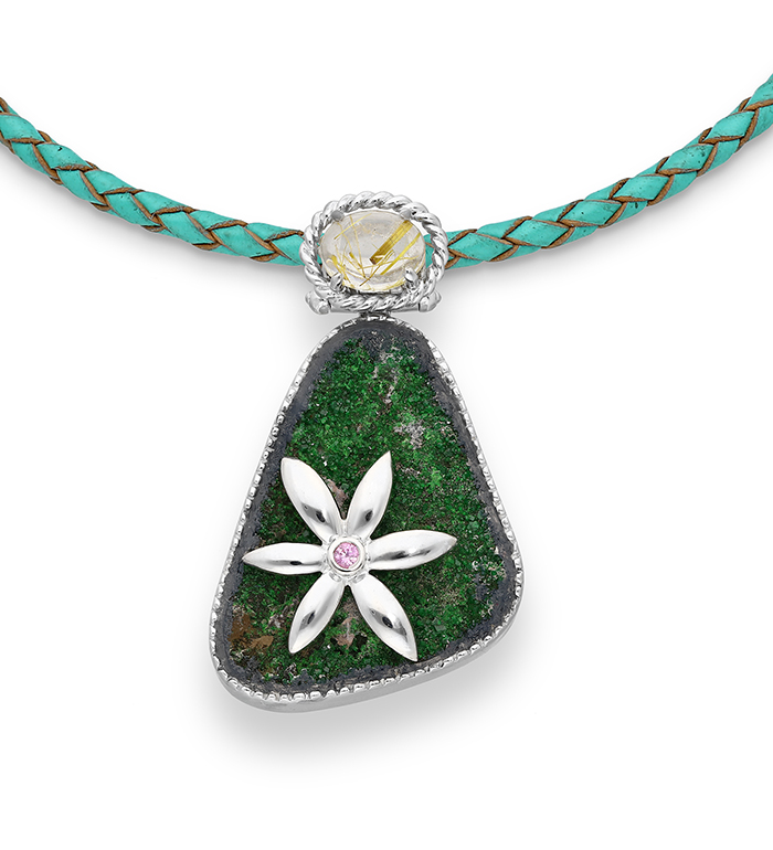 33-0022 - Beautifully Handmade Flower over Druzy Necklace Framed in Sterling Silver
