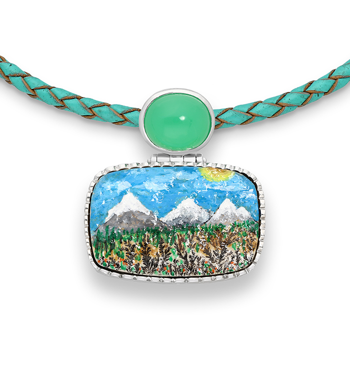 33-0028 - Artistically Hand Painted Mountain over Fossil Necklace Framed in Sterling Silver