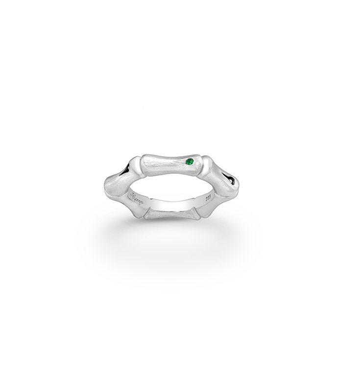 33-0078 - Italian Craftmanship - Bamboo Band Ring in Sterling Silver, Decorated with Tsavorite, Plated with Rhodium