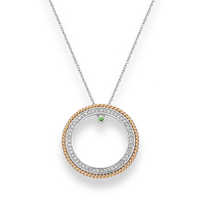33-0029 - Circle of Life Necklace in 18K White and Rose Gold, Decorated with Tsavorite and Diamonds.