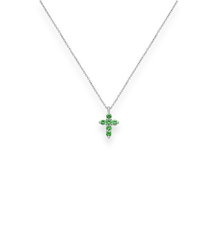 33-0031 - Cross Necklace in 18K White Gold, Decorated with Tsavorite.