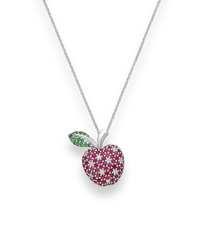 33-0039 - Apple Necklace in 18K White Gold, Decorated with Ruby, Diamonds and Tsavorite.