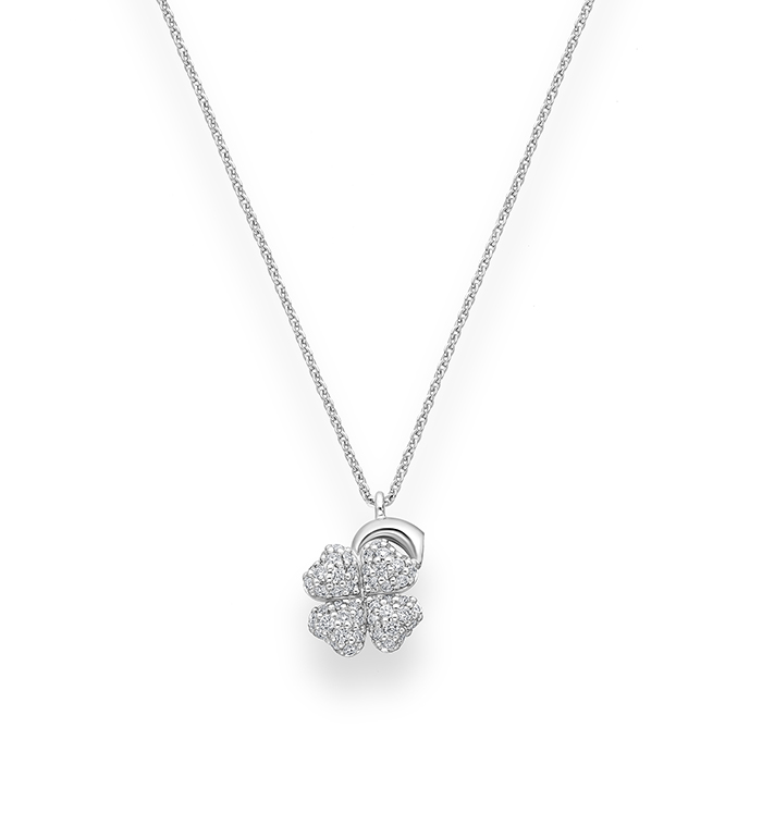 33-0041 - Four-Leaf Clover Necklace in 18K White Gold, Decorated with Diamonds.