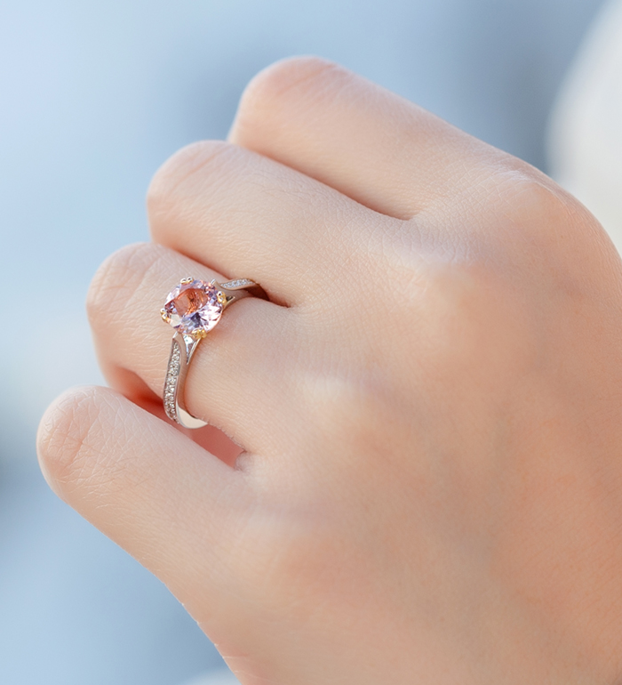 33-0087 - Two Tone Engagement Ring in 18K White and Yellow Gold, Decorated with Morganite and Diamonds.