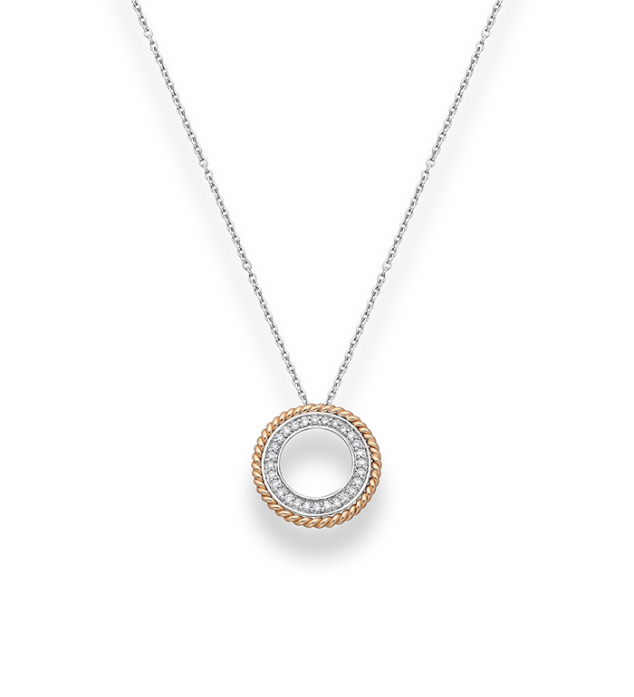 33-0035 - Mini Two Tone Circle of Life Necklace in 18K White and Rose Gold, Decorated with Diamonds.