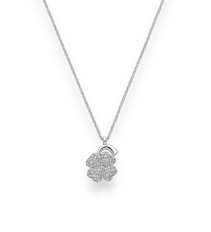 33-0089 - Mini Clover Necklace in 18K White Gold, Decorated with Diamonds.
