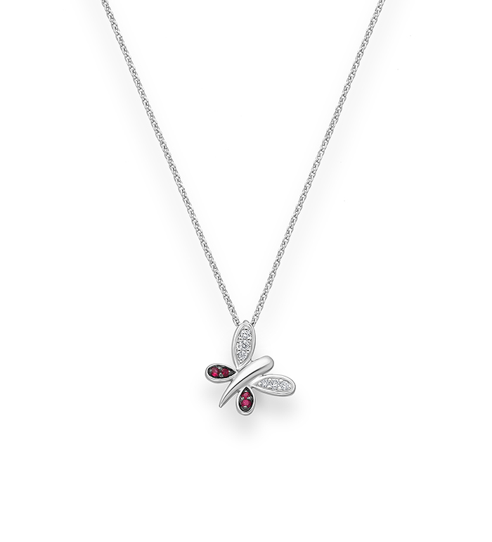 33-0090 - Butteryfly Necklace in 18K White Gold, Decorated with Diamonds and Ruby.