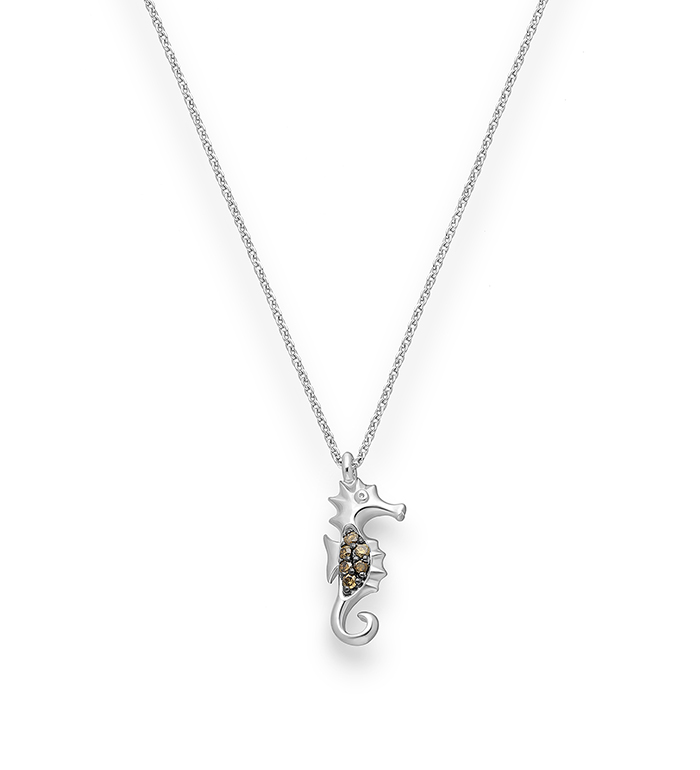 33-0091 - Seahorse Necklace in 18K White Gold, Decorated with Brown Diamonds.
