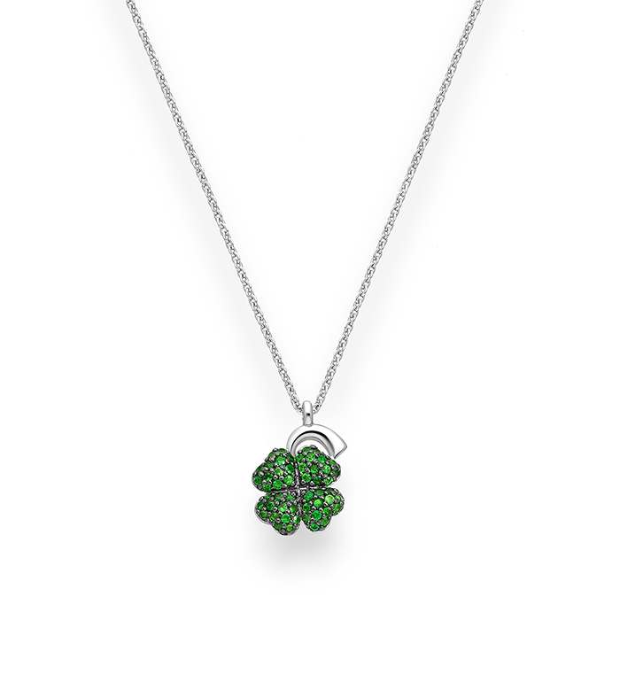 33-0092 - Mini Clover Necklace in 18K White Gold, Decorated with Tsavorites