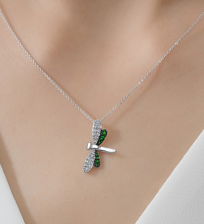 33-0093 - Dragonfly Necklace in 18K White Gold, Decorated with Diamonds and Tsavorite.