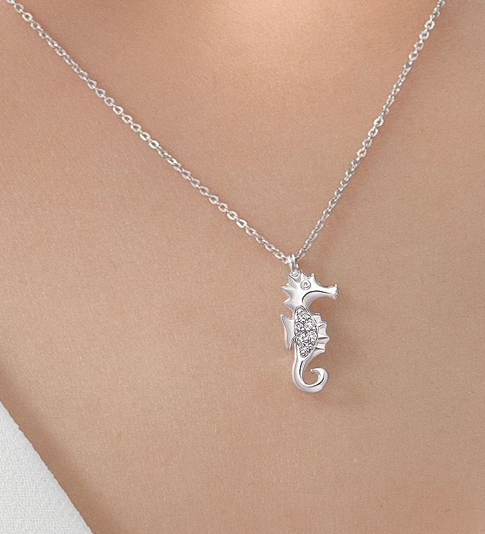 33-0094 - Seahorse Necklace in 18K White Gold, Decorated with Diamonds.