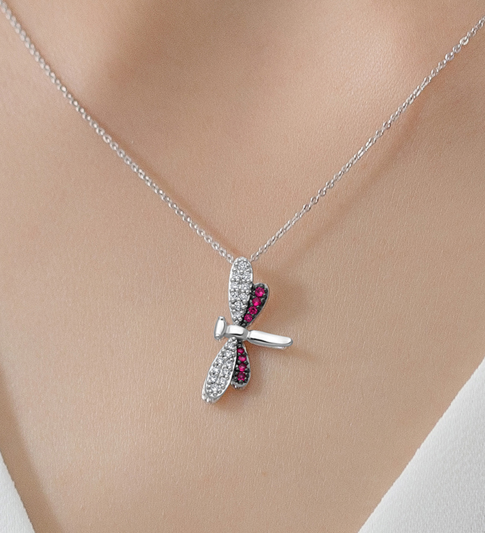 33-0095 - Dragonfly Necklace in 18K White Gold, Decorated with Diamonds and Ruby.