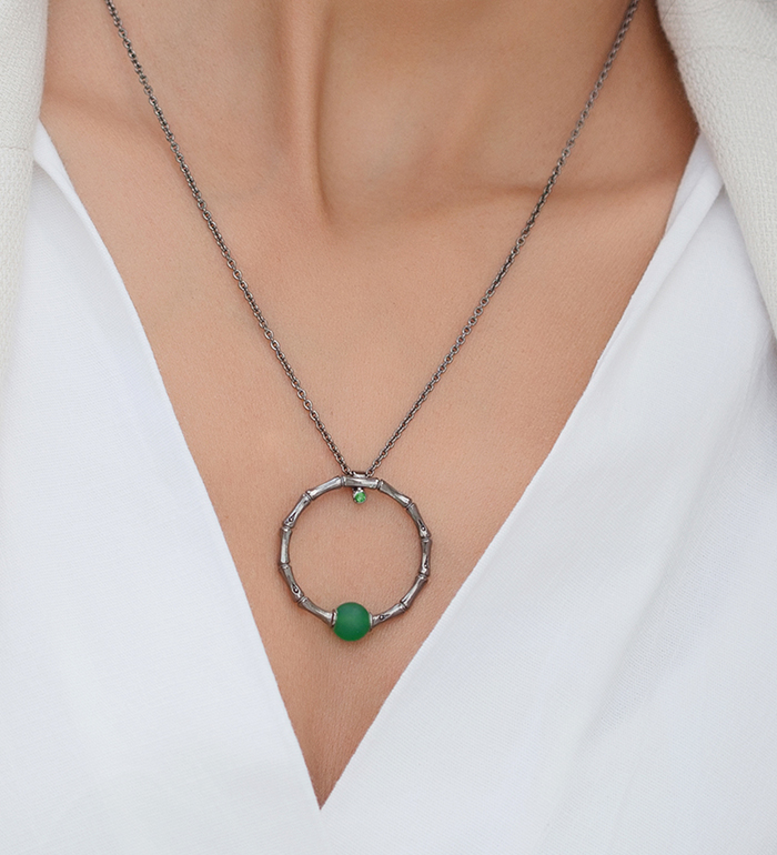 33-0101 - Italian Craftmanship - Circle of Life Black Bamboo Necklace in Sterling Silver with Green Carnelian and Tsavorite, Plated with Black Rhodium