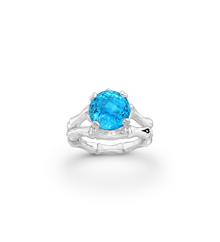33-0102 - Italian Craftmanship - Bamboo Ring in Sterling Silver with Sky-Blue Topaz and Tsavorites