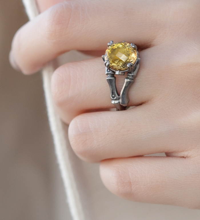 33-0103 - Italian Craftmanship - Bamboo Ring in Sterling Silver with Citrine and Tsavorites, Plated with Black Rhodium 