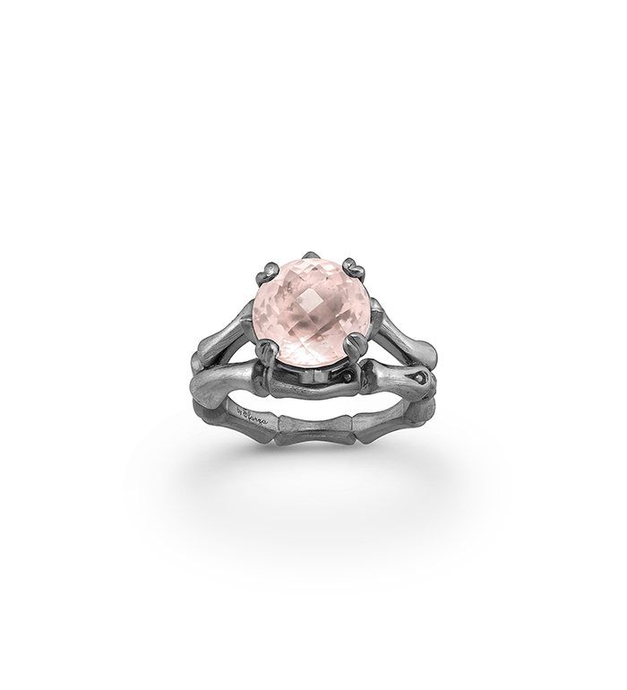 33-0104 - Italian Craftmanship - Bamboo Ring in Sterling Silver with Pink Quartz and Tsavorites, Plated with Black Rhodium 