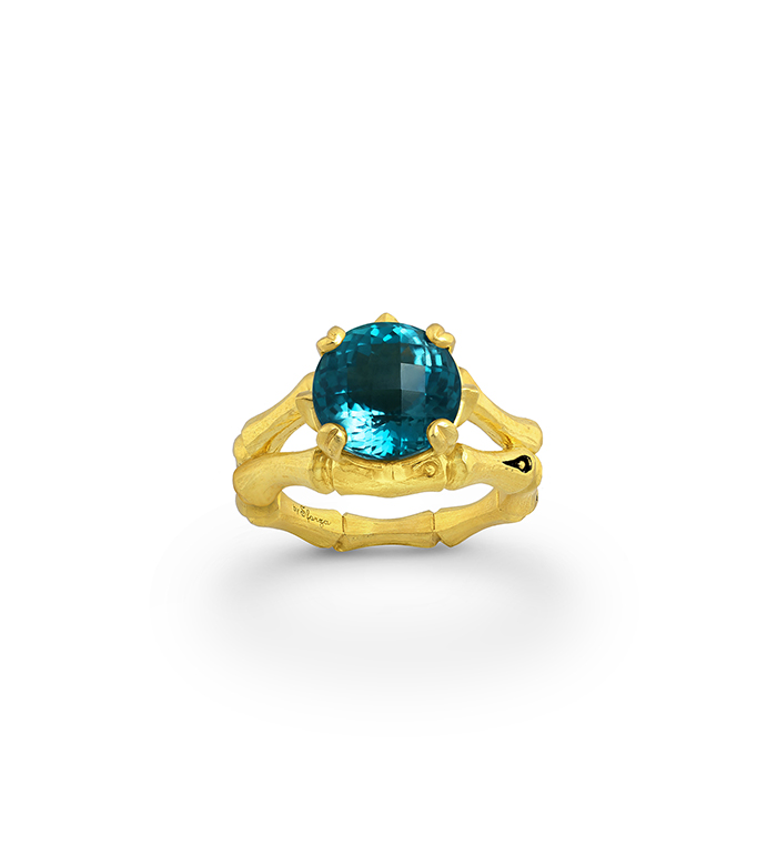 33-0106 - Italian Craftmanship - Bamboo Ring in Sterling Silver with London Blue Topaz and Tsavorites, Plated with 18K Yellow Gold 