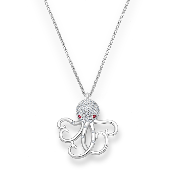 33-0117 - Octopus Necklace in 18K White Gold, Decorated with Ruby and Diamonds