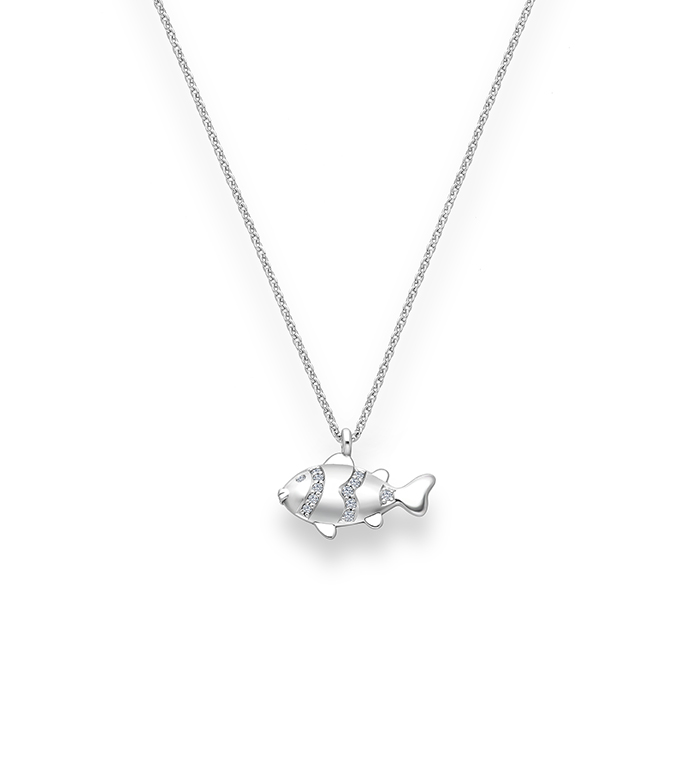 33-0113 - Clown Fish Necklace in 18K White Gold, Decorated with Diamonds