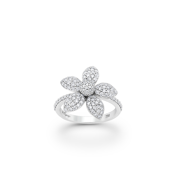 33-0116 - Five Petals Flower Ring in 18K White Gold, Decorated with Diamonds